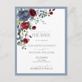 Spara datum dammig blå burgunderröd bröllopsinbjud meddelande vykort