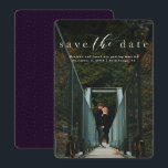 Spara datum elegant skript vertikal fotokort datumet<br><div class="desc">Med enkel men elegant typografi är detta spara datum en klassisk design som har ett vertikalt foto. Den vita texten placeras högst upp på fotot tillsammans med ett mörknande filter för bättre läsbarhet. Baksidan är en fläckig djup plommonfärgad lila nyans, men färgen kan redigeras genom att klicka på " Anpassa...</div>