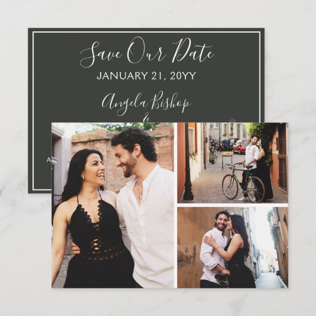 Spara datum Eleganten  Blommigt 3-fotokort för   Inbjudningar (Fram/baksida)