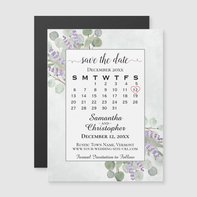 Spara datum Eucalyptus Lavender Calendar White (Fram/baksida)