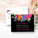 Spara datum Fiesta Flowers Black and Blommigt Meddelande Vykort<br><div class="desc">Blommigt Spara postkort för datum med vattenfärgsfiesta-blommor, som kan anpassas för alla tillfälle. Detta svarta kort har en mängd färgstarka blommor, skript för rosa av elegant och modern typografi. En vacker utformning av blommigten, som omfattar peony, ro, fuchsia, lily och grey i skuggor av rosa, lila, orange, gult, grönt och...</div>