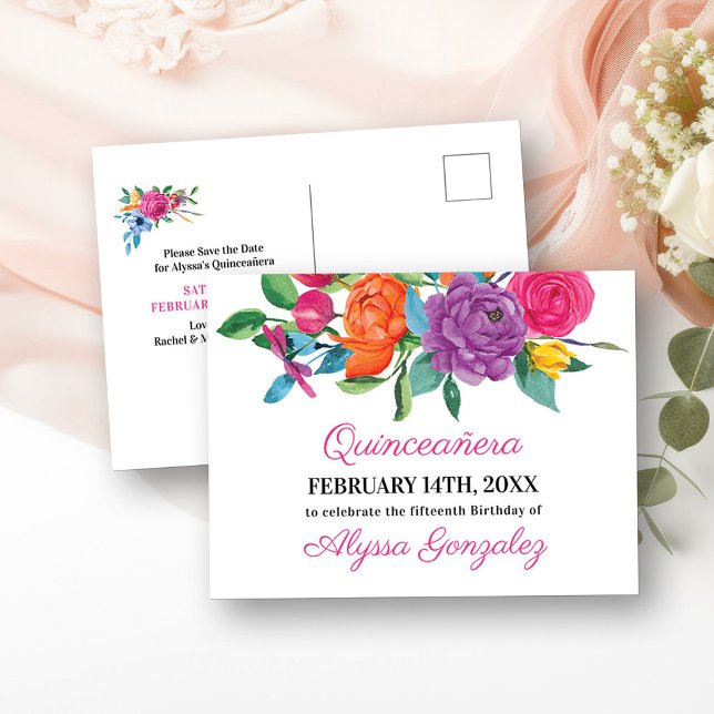 Spara datum, Fiesta Flowers White och Blommigt Meddelande Vykort (Save the Date Postcard Invitation from my Fiesta Flowers Quinceanera Collection)