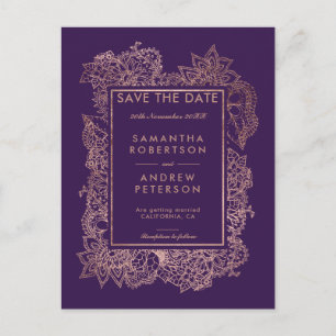 Spara datum floral rosa guld lila druva meddelande vykort