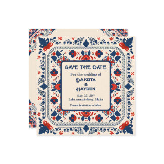 Spara datum, folkkonst blommig, röd vit och blå inbjudningar