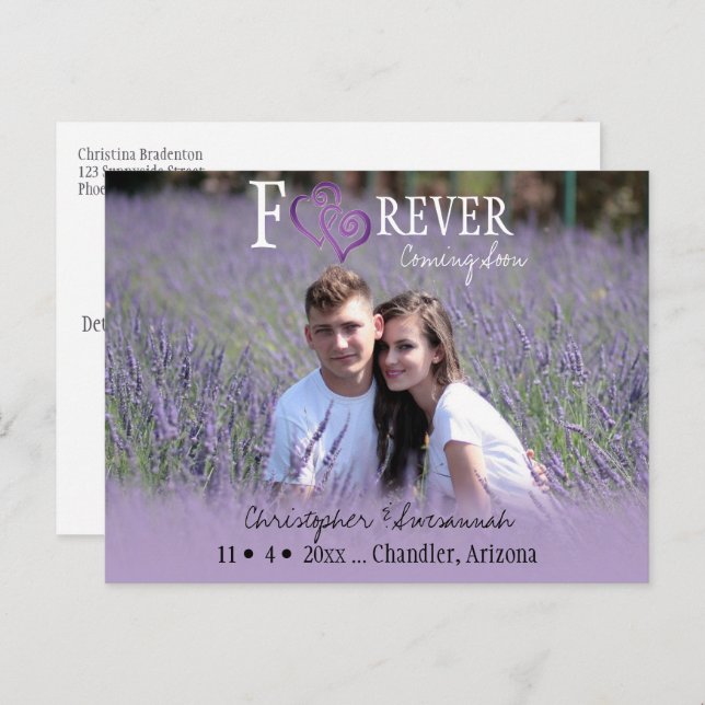 Spara datum för alltid lila länkade hjärtan meddelande vykort (Fram/baksida)