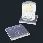 Spara datum för bröllop-marinblått glitter stenunderlägg<br><div class="desc">Ett trendig Spara det datum som underlägg för gästerna. En marin blå bakgrund med faux glitter damm. Den blå färg är ojämn. Anpassa och lägg till bröllop-datum,  namn och ställe.</div>