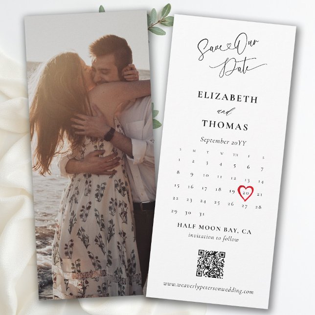 Spara datum för bröllop med modern kalender och hj datumet (bookmark wedding save the date card photo qr code calendar red heart modern elegant calligraphy)