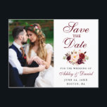 Spara datum för Burgundy Blommigt Photo Vykort<br><div class="desc">Vattenfärg Burgundy Blommigt Photo Save Date Förlovning Notification Postcard</div>