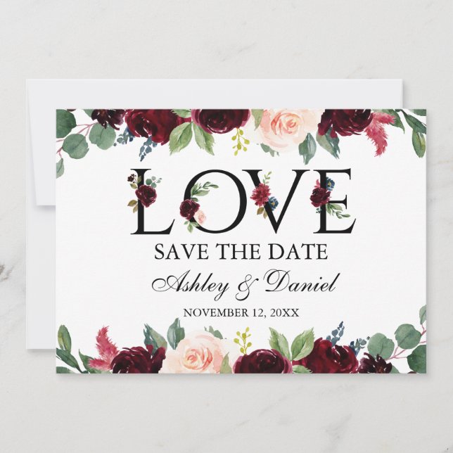 Spara datum för Burgundy Watercolor Blommigt Kärle Datumet (Framsida)