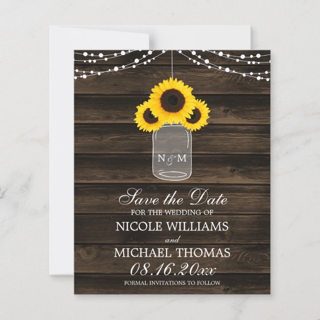 Spara datum för Burk för budgeterad, rustik solros (Framsida)