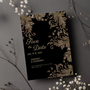 Spara datum för chic svart guld blommigt snöre inbjudningar