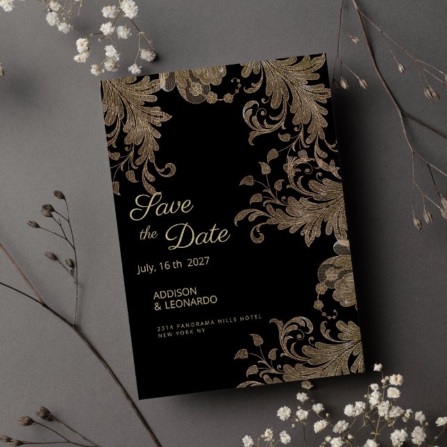Spara datum för chic svart guld blommigt snöre inbjudningar (Luxury chic black gold floral lace Save the Date)