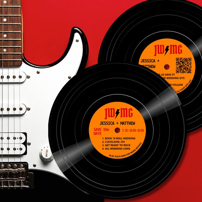 Spara datum för den klassiska Monogramposten för S Spara Datumet (Rock vinyl record album wedding Save the Date in orange and red with lightning bolt monogram.)
