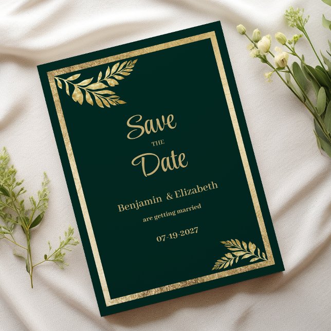 Spara datum för den mörk grönt lyxdagen löv ram inbjudningar (Luxury dark green golden leaf frame Save the Date)