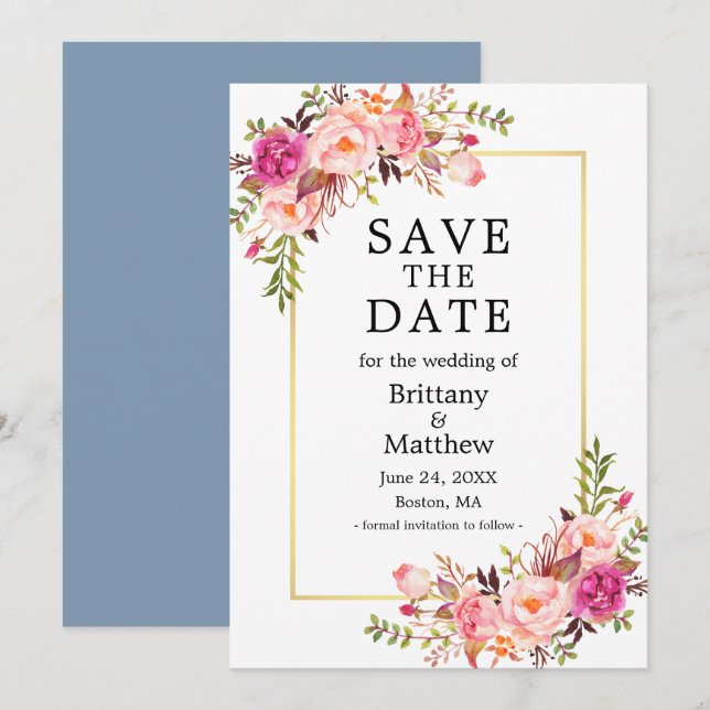 Spara datum för Dusty Blue för vattenfärgen Rosa r Datumet (Fram/baksida)