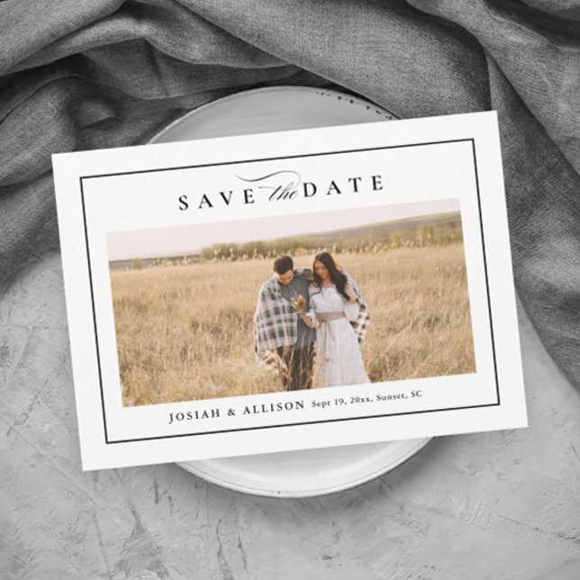 Spara datum för enkelt fotografi för svart och vit (Elegant black and white photo wedding save the date magnetic card.)