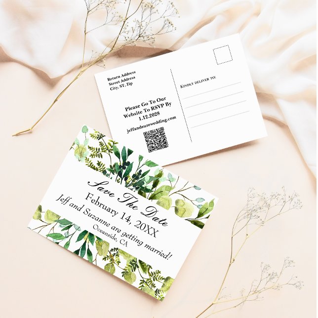 Spara datum för Eucalyptus Greenery med vykort (Save The Date Eucalyptus Greenery Postcards)