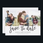 Spara datum för fotokollage för romsk skript spara datumet<br><div class="desc">Den här minimala 3-fotobesparingen av datumkortet har ett vackert,  fritt,  handmålat skript. Lägg till ytterligare foto- och anpassningsbar på baksidan.</div>