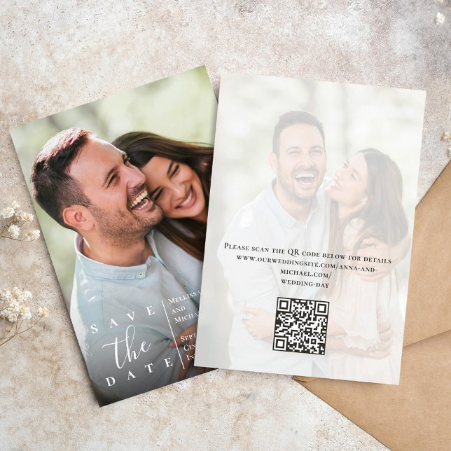 Spara datum för fotot i elegant bröllop datumet (Wedding save-the-date photo card with a scannable QR code. )