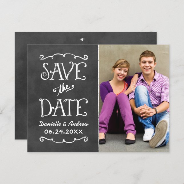 Spara datum för fotot i Rustic Chalkboard Bröllop Meddelande Vykort (Fram/baksida)