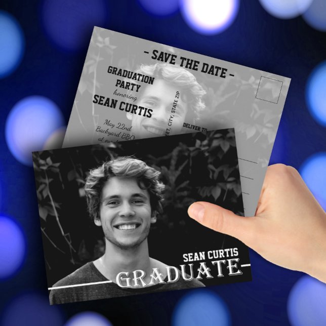 Spara datum för fotot i student vykort (Photo graduation Save the Date postcards feature your details on the back)