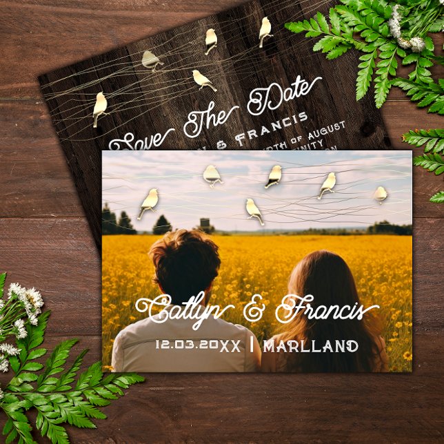 Spara datum för fotoutskottet Guld Wood Land Bird  Inbjudningar (Save The Date Photo Gold Wood Country Bird Budget Invitation)