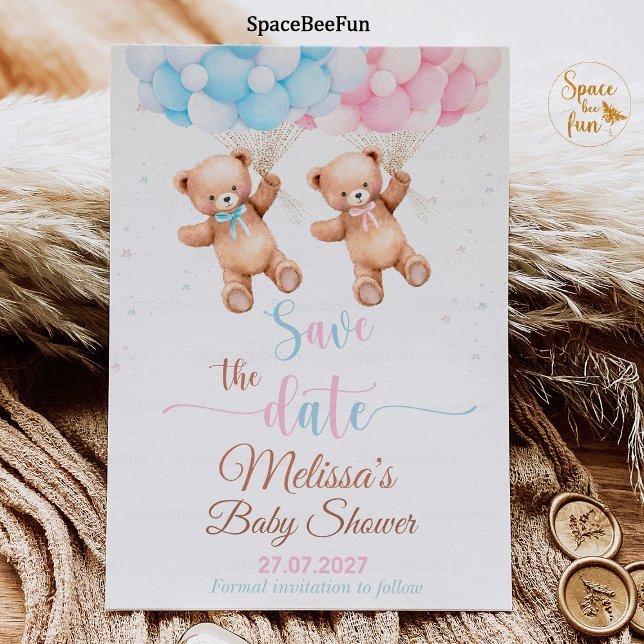 Spara datum för Gender för nalle babyvisningsprogr Inbjudningar (teddy bear baby shower,save the date,baby shower  Gender Reveal,bear invitation,boho bohemian bear,w)