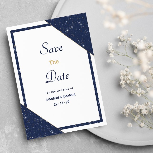 Spara datum för Geometric blue white guld glitter Inbjudningar (Geometric blue white gold glitter Save The Date)