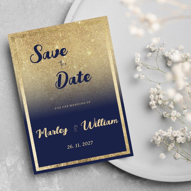 Spara datum för glitter i den lyxiska marinblåa gu inbjudningar (Luxury navy blue gold ombre glitter Save the Date)