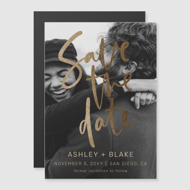 Spara datum för Guld-kallgrafifoto Magnetisk Inbjudningskort (Fram/baksida)