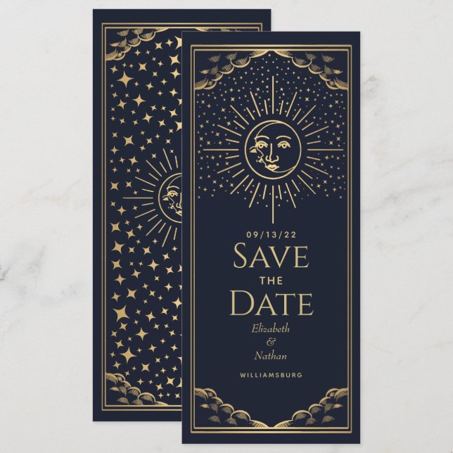 Spara datum för Guld Sol och MoonTarot Card Inbjudningar (Fram/baksida)
