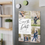 Spara datum för hand-letat kollage<br><div class="desc">Ta din 5 bästa bilder från förlovningens fotosession med 4 för framsidan och en för baksidan. Den har en handskriftssymbol som säger Spara datumet.</div>