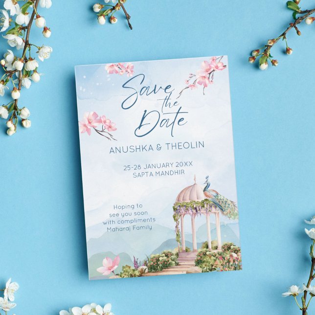 Spara datum för indiskt bröllop-dammande blått inbjudningar (Skapare uppladdad)