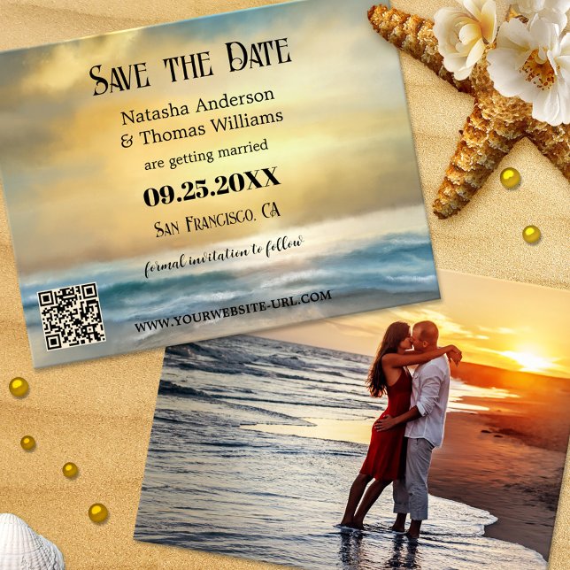 Spara datum för Nautiskt bågfoto Meddelande (Save the Date card featuring a painting of a golden sunset at the beach - with QR code template)