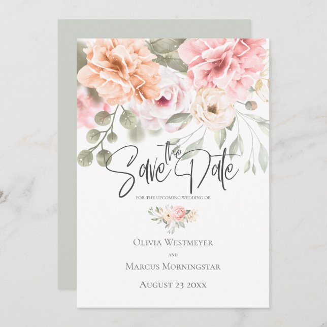 Spara datum för Rosa av Blek för att spara Peonies Inbjudningar (Fram/baksida)