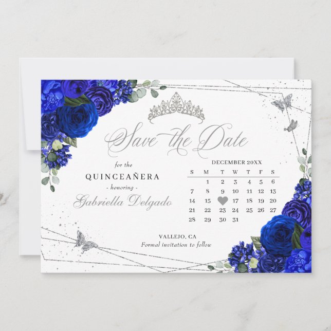 Spara datum för royalet Blue & Silver Quinceañera Inbjudningar (Framsida)