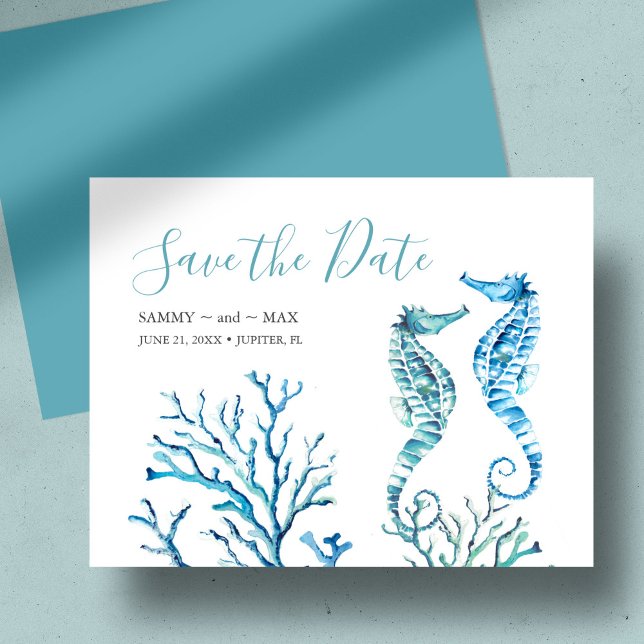 Spara datum för sjöfärgen Seahorse och Coral Datumet (Beach wedding save the date watercolor seahorses and coral art in blue by Victoria Grigaliunas)
