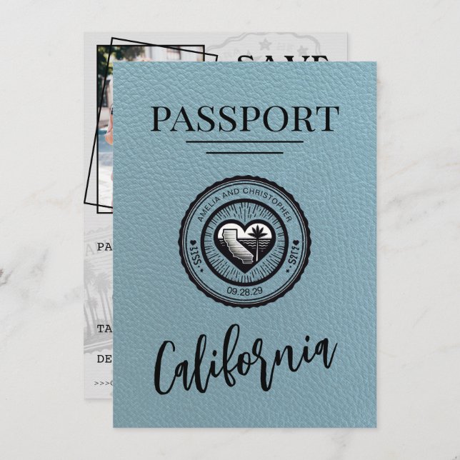 Spara datum för Slate Blue California Passport Spara Datumet (Fram/baksida)