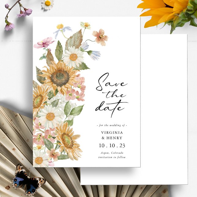 Spara datum för solros spara datumet (Elegant Watercolor Sunflower Wildflower Botanical Save The Date by Painted Paperie
)