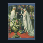 Spara datum för vintage bröllop, Bride och Groom Meddelande Vykort<br><div class="desc">Vintagens illustration av ceremonin i kärlek och romantik,  där ett par gifta sig i en vacker synagoga med glasfönster,  blommor och en sjudmenorah i nedfläckad. Bron har en lång vit bröllop-grav och brudgummen är stilig i sin tuxedo.</div>
