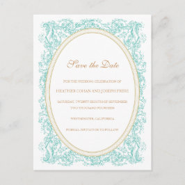 Spara datum för vintage - Ornate Blue & Guld Meddelande Vykort