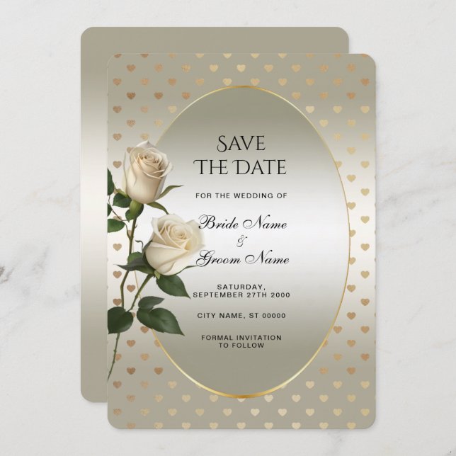 Spara datum för vit ros Guld-hjärtan Spara Datumet (Fram/baksida)