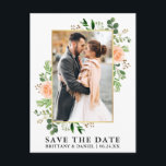 Spara datum för Watercolor Greenery Peach Ro Vykort<br><div class="desc">Modern Watercolor Eucalyptus Greenery Peach Ro Ram sparar det datum då vykortet för meddelande om Förlovning av foto - Guld Ram</div>