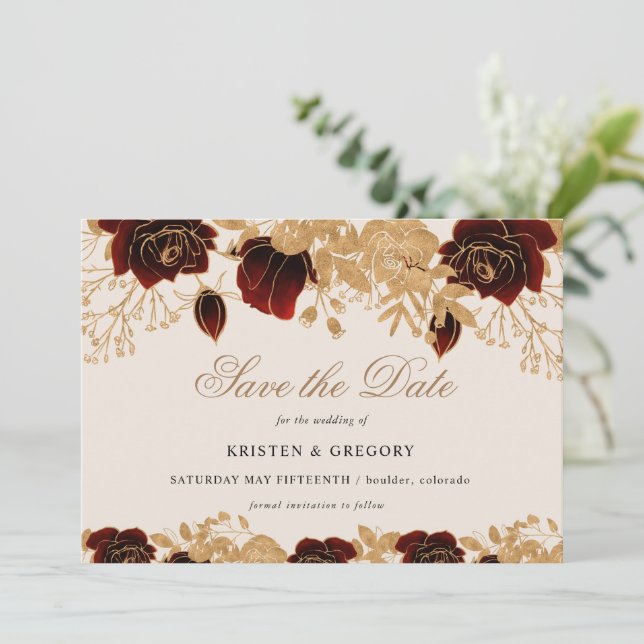 Spara datum för Watercolor Guld Burgundy Ro Inbjudningar (Stående Fram)