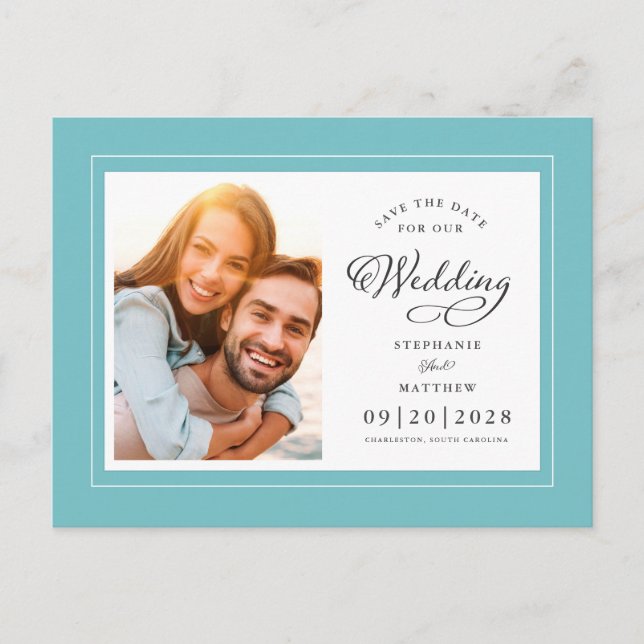 Spara datum Foto Aqua Blå Grön Chic Bröllop Meddelande Vykort (Framsida)