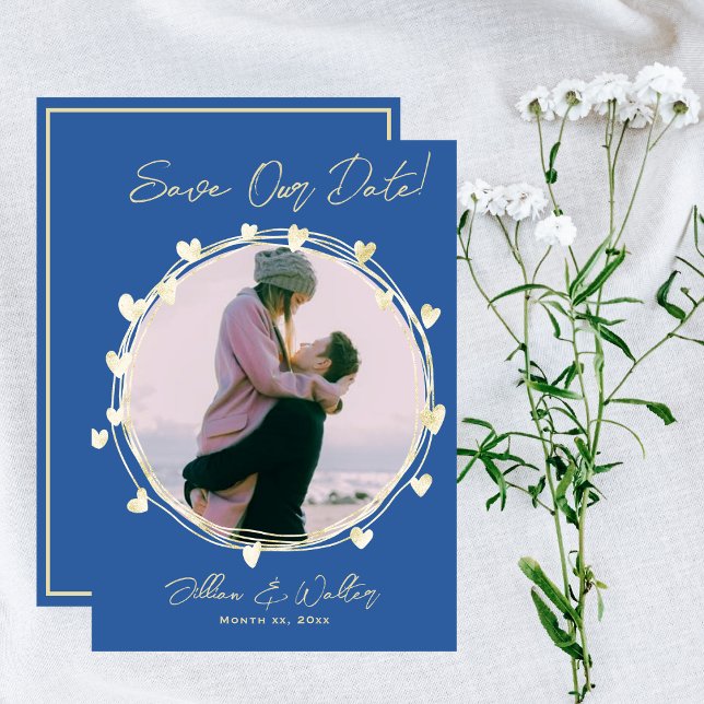 Spara Datum Foto Bröllop Blå Guld Hjärtan Datumet (Photo Save The Date Wedding Blue Gold Hearts)