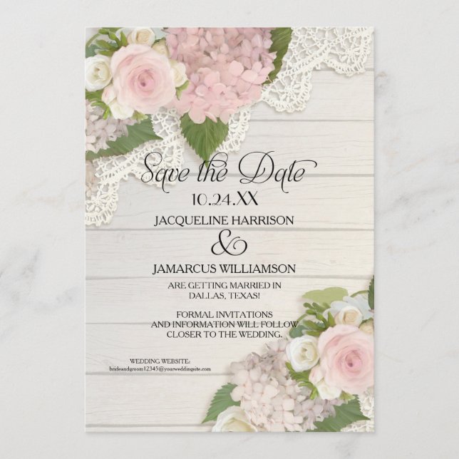 Spara datum Foto Spets Rosa Hydrangea Trä Staket Datumet (Framsida)