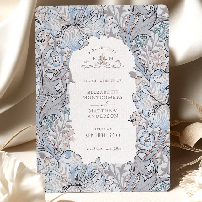 Spara datum Golden Lily Himlar Blue William Morris Inbjudningar (Skapare uppladdad)
