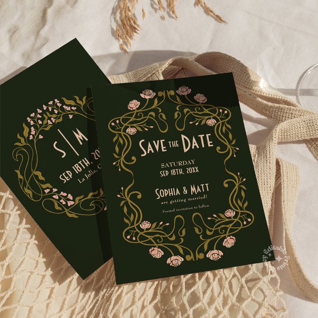 Spara datum grön konst nouveau bröllop inbjudningar (art nouveau wedding, green save the date, art nouveau invitation, vintage wedding invite, elegant sa)