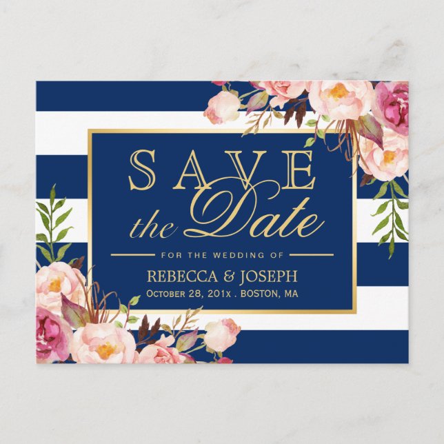 Spara datum - Guld Blommigt, marinblå Rand Meddelande Vykort (Framsida)